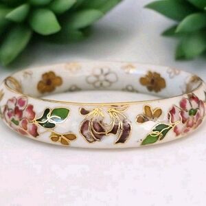 Vintage Chinese Export Cloisonné Enamel Wide Hinged Bangle Bracelet White Floral